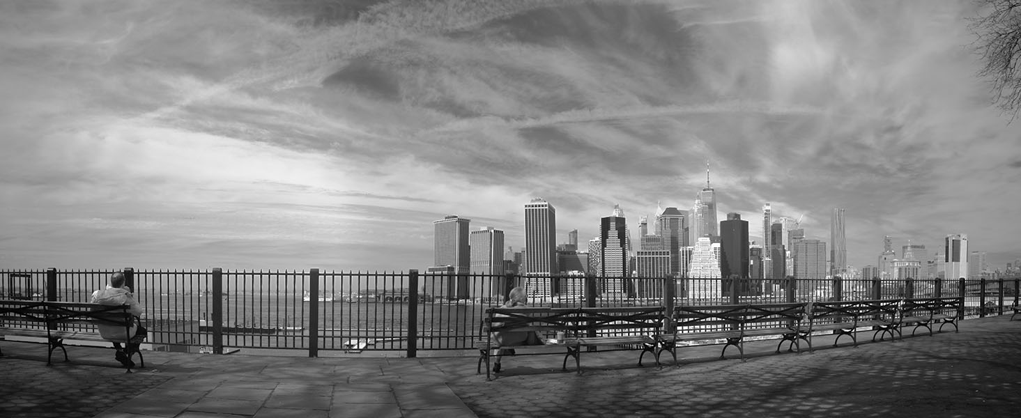 Infrared Panorama of Park Benches and View of Lower Manhattan